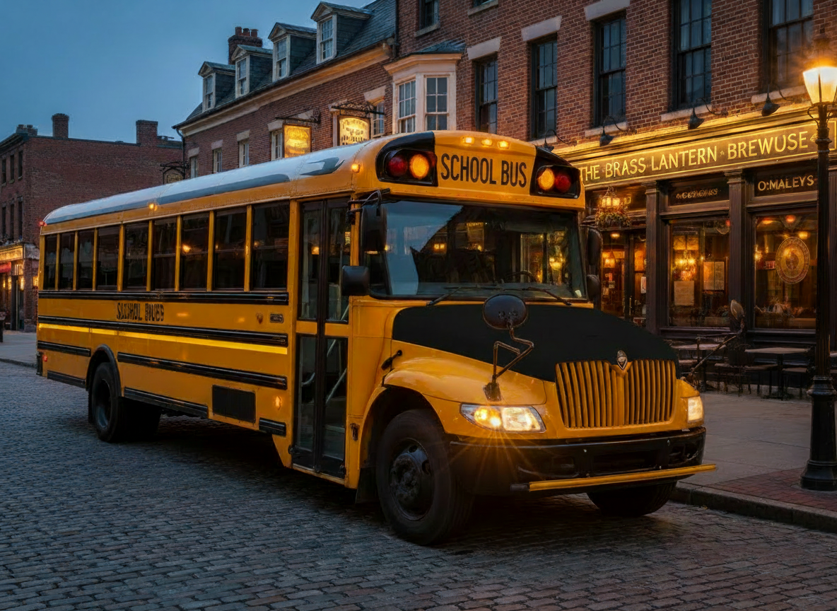 Edit the existing Rates section bus image so that any destination or front signage on the yellow school bus clearly and only reads “School Bus” in clean, legible lettering. Keep the bus, background, lighting, colors, and overall composition exactly the same.