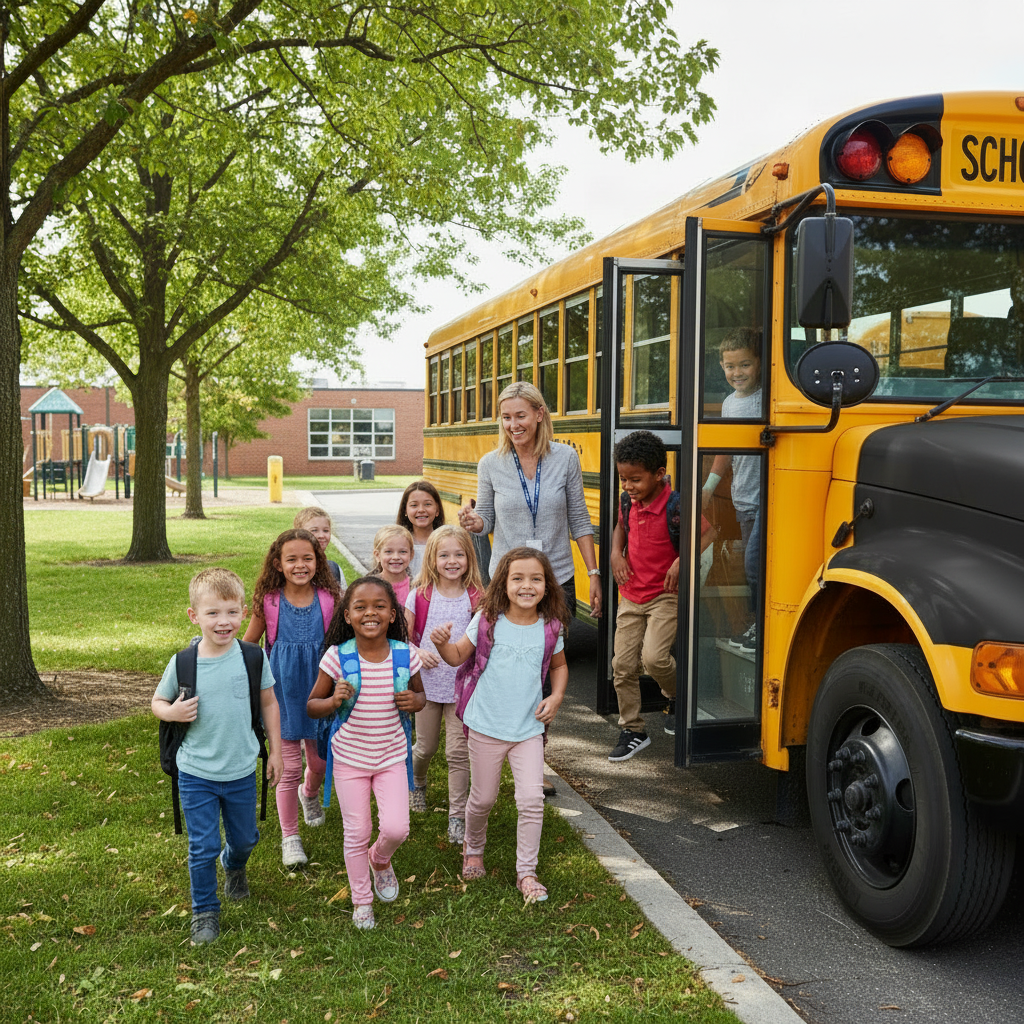 Edit the existing photo of the yellow school bus so that it has a prominent black hood on the front of the bus, keeping the rest of the image, setting, and style the same.