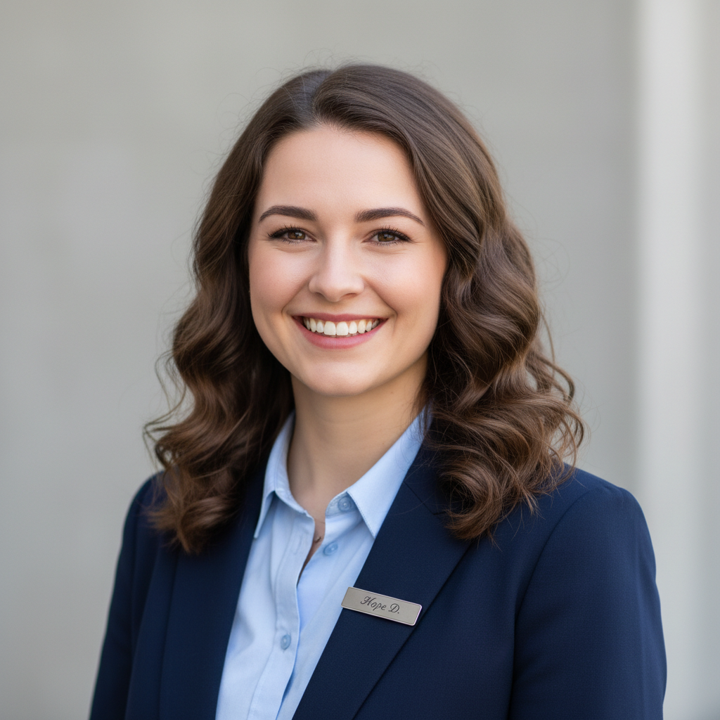 Professional, friendly headshot photo of a woman in her late 20s named Hope D., smiling, neutral background, realistic photography style