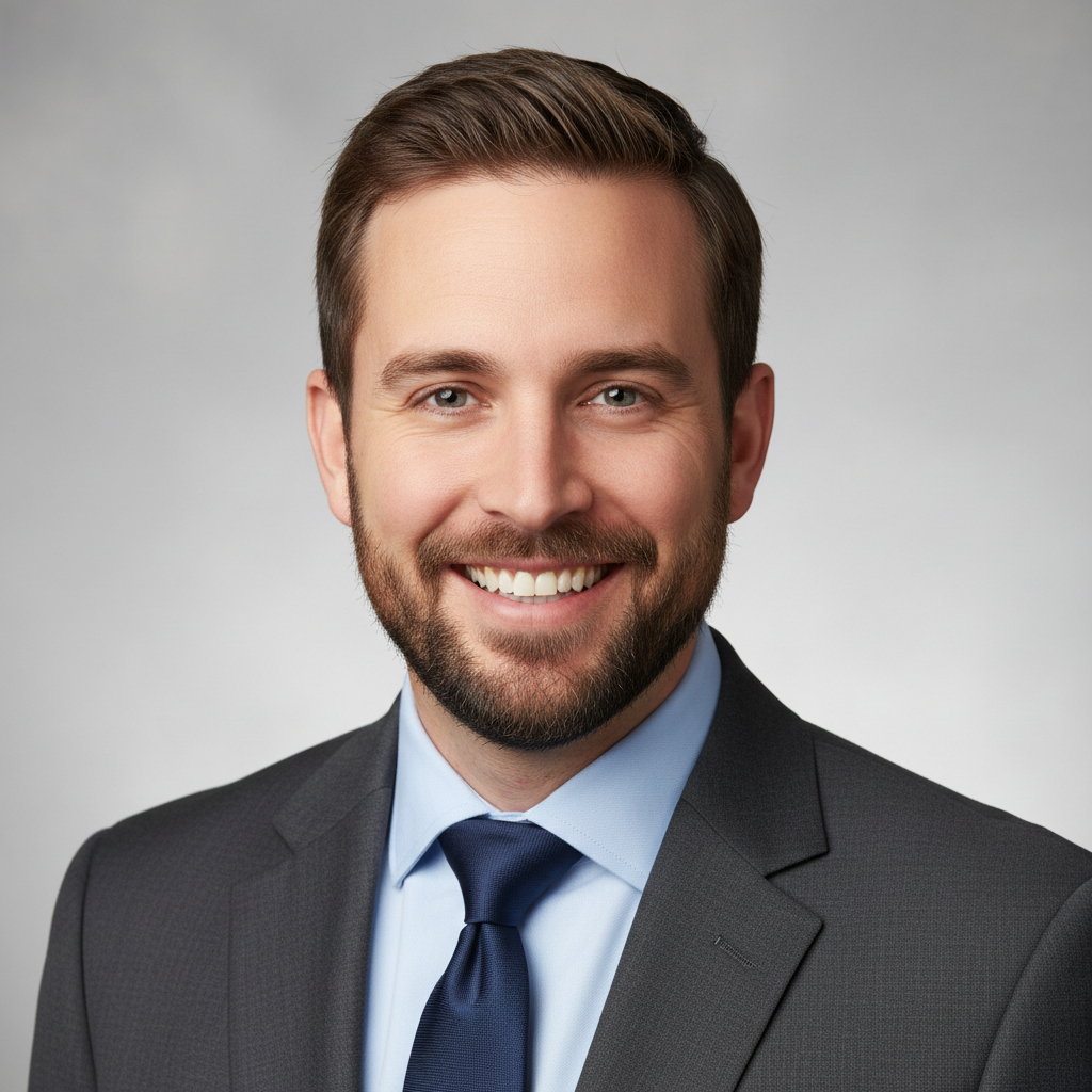 Professional, friendly headshot photo of a man in his late 30s named Mark S., smiling, neutral background, realistic photography style to match the existing testimonial headshot.