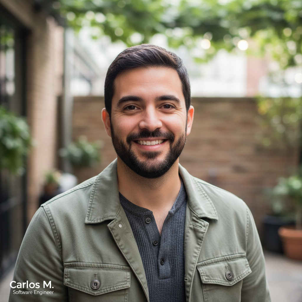 Casual, friendly headshot photo of a man in his 30s named Carlos M., outdoors in soft natural light, relaxed posture, smart-casual clothing (like a simple shirt or light jacket), warm, approachable expression, realistic photography style that still feels professional but noticeably more laid back than the other testimonial photos.