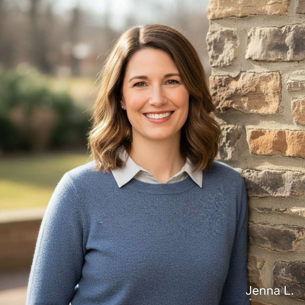 Even more laid-back, casual, friendly headshot photo of a woman in her 30s named Jenna L., outdoors in soft natural light, relaxed posture and smile, smart-casual clothing (not formal business wear), warm approachable feel, realistic photography, to match Carlos M.’s relaxed testimonial photo while still looking professional.